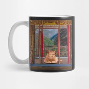 Eckhart Tolle Zen Master Cat On a Temple Terrace Overlooking Mountains Mug